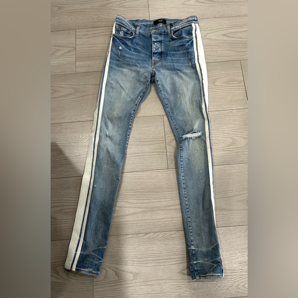 Amiri Broken Track distressed Skinny jeans w/white Stripe